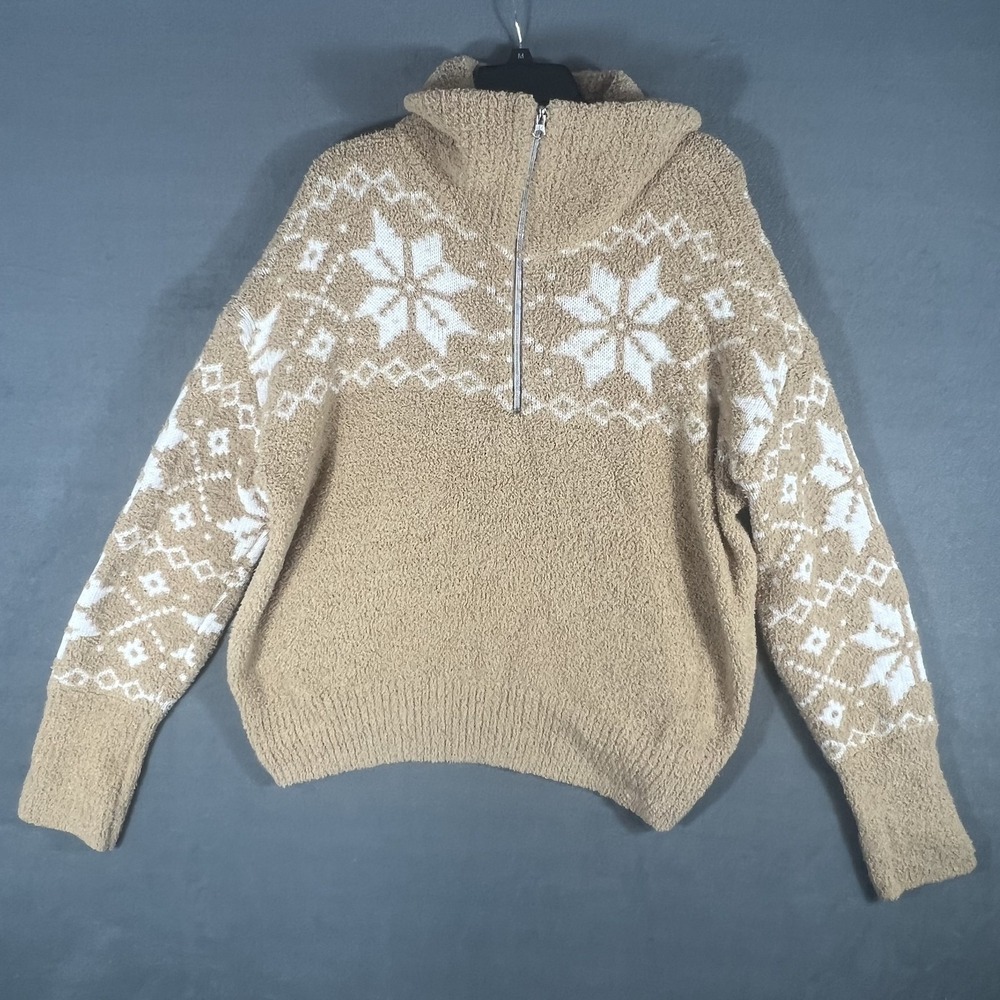 Time and Tru Women's XL (16-18) Beige White Snowflake Fair Isle Quarter Zip